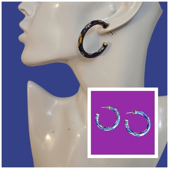 VTG Blue Floral Cloisonne Hoop Earrings - Picture 1 of 5